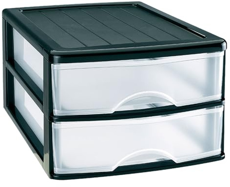 Acan Tradineur - Cajonera de sobremesa - Fabricado en España - 2 Cajones Transparentes - Torre de almacenaje, armario, baño, oficina - 18 x 27 x 35,5 cm - Color Negro