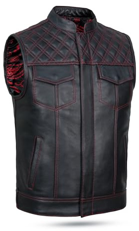 Leatherick Groove Club Gilet Pelle Uomo - Fodera in Raso Paisley Tradizionale Con Cuciture a Rombi Rossi (M50)