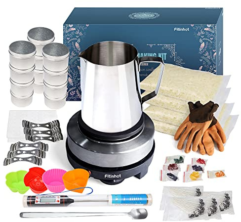 Fitinhot - Kit fai da te per realizzare candele con piastra elettronica scaldacera, set completo per la produzione di candele, tra cui vaso, cera di soia, termometro per adulti e principianti
