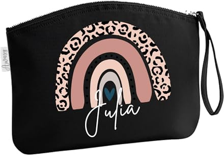 minimutz Schminktasche für Mädchen mit Regenbogen & Name | Motiv Rosa Leo inkl. Namensdruck|Personalisierter Kulturbutel Kosmetiktäschchen Organizer Damen L (28x22 cm) schwarz