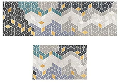 teppich küche, 2 Stück Küchenläufer Set, Geometrisches Muster, anti fatigue küchenvorleger rutschfest Fußmatte Weiches Teppich Läufer Küchenmatte für Küche(Size:50×80cm+50×120cm,Color:Gold)