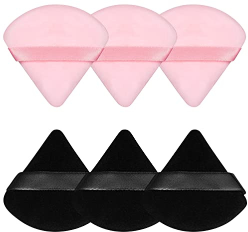 Pimoys 6 Pieces Powder Puff, Face Makeup Sponge Soft Velour Triangle Powder Puffs Beauty Sponge for Loose Powder (Black, Pink)