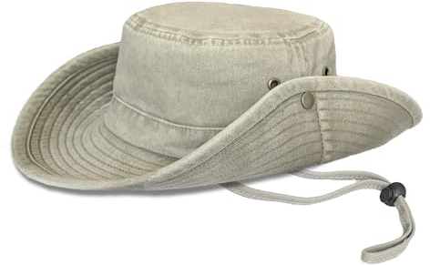 TOSKATOK® UPF 50+ Unisex Safari Outback Buschhut aus Baumwolle im australischen Stil mit breiter Krempe, abnehmbarem Kinnriemen, seitlichen Druckknöpfen und Lüftungsschlitzen-STONE-58