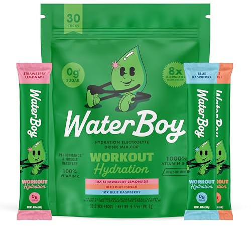 Waterboy Workout Hydration | 2,960mg Sugar Free Electrolyte Powder Packets | L-Glutamine + Vitamins | No Sugar, All Natural, Gluten Free (Variety)