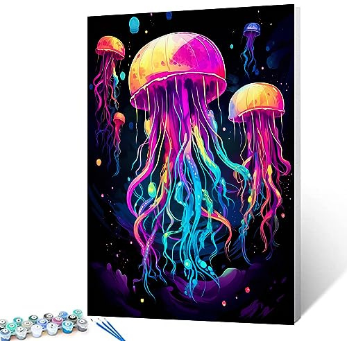 Tucocoo Quallen-Malen-nach-Zahlen-Kit, 40 x 50 cm, Leinwand, DIY, digitales Ölgemälde für Erwachsene, mit Pinseln und Acrylpigmenten – Graffiti-buntes Meerestierbild für Heimdekoration (rahmenlos)