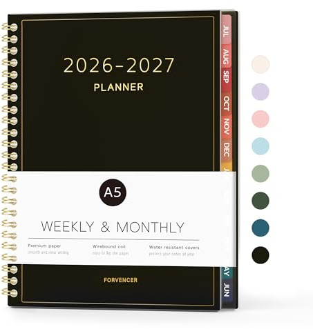 Forvencer Akademischer Planer 2026-2027, Wochen- & Monatskalender, A5 | Juli 2026 - Juni 2027, Tagesplanungsbuch, flexibler Einband, College, Schule, Lehrer, Studenten, Organizer, A5, Schwarz