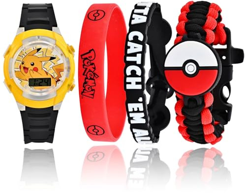 Accutime POK40055 Armbanduhr Set Pokémon mit Accessoires, Kinder LCD-Uhr mit digitaler Anzeige, blinkende LEDs, Survival Armband und 2 Gummiarmbänder, Uhr für Jungen und Mädchen, Gelb Schwarz Rot