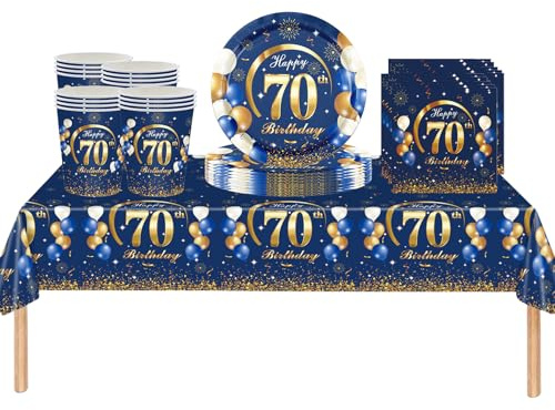 ATBEAMEN ATB-SStableware - Set di 53 tovaglie in plastica, piatti di carta, tovaglioli e bicchieri, decorazioni per uomo, usa e getta, per feste per adulti, colore: blu navy