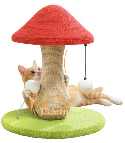 PAWZ Road Süßer Katzenkratzbaum, Pilz-Katzenkratzer mit einem Kratzbaum komplett mit 100% Sisal und Pompons, Katzenspielzeug, Pilz-Katzenbaum für Wohnungskatzen.