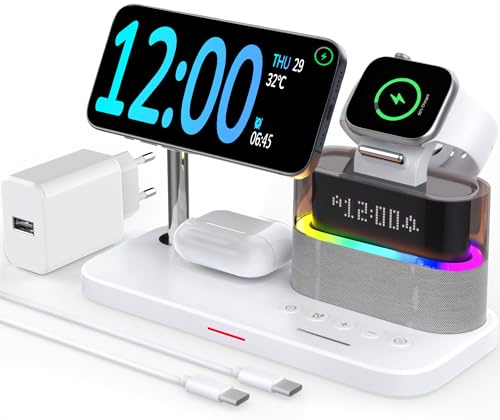QUVFHE 5 in 1 kabelloses Ladegerät mit Wecker für Apple, Magnetischer kabelloser Ladeständer für iPhone Air/17/16/15/14/13/12,iwatch series 11/10/9/Ultra 3/2/8/7/SE/SE2/6/5, Air-Pods 4/3/Pro 3/2/Pro/2