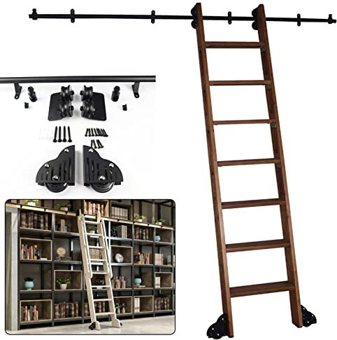 SZITW Schiebeleiter-Schiene, Schiebe-Scheunentor-Beschläge, Gleitschienen-Set, Holz-Schiebetür-Beschläge, Schrank-Set, Bibliothek, Rollleiter-Schienensystem, Keine Leiter – runde Schiene/Schiene