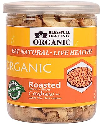 Blessfull Healing Organic Natural, Vegan Sweet Thai Chilli Roasted Halves/Pieces Cashew Nuts Crunchy Kaju 300 Gram