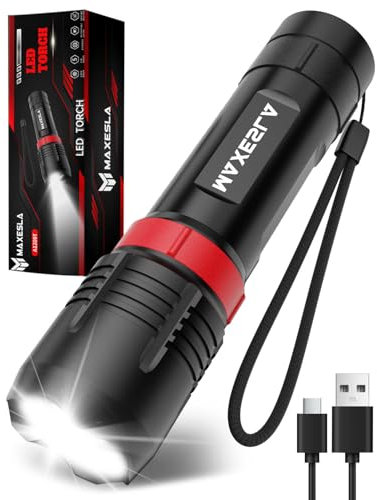 Maxesla LED Torch Rechargeable 2000L Super Bright Adjustable Focus Flashlight IP65 Waterproof, 5 Lighting Modes, 1800mAh, Pocket Size Torch USB-C for Hiking, Camping, Power Cuts, Emergency