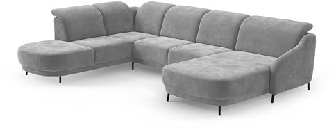 CAVADORE Wohnlandschaft Blue/Sofalandschaft mit Longchair im modernen Design, inklusiv Kopfteilverstellung und mattschwarzen Metallfüßen / 356 x93 x 249 / Mikrofaser, Mittelgrau