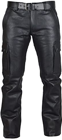 Herren-Cargohose, Herren-Cargohose, Kunstlederhose, Vintage-Stil, schmale Passform, Kunstlederhose mit Taschen, Stretch-Cargohose, schwarze Lederhose, Punk-Kleidung, Schwarz , 27-32