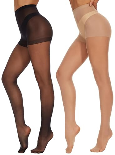 CozyWow 20 Denier Sheer Tights for Women,High Waist Control Top Silk Stockings,Comfortable Women's Pantyhose with Reinforced Toes Black+Beige-L