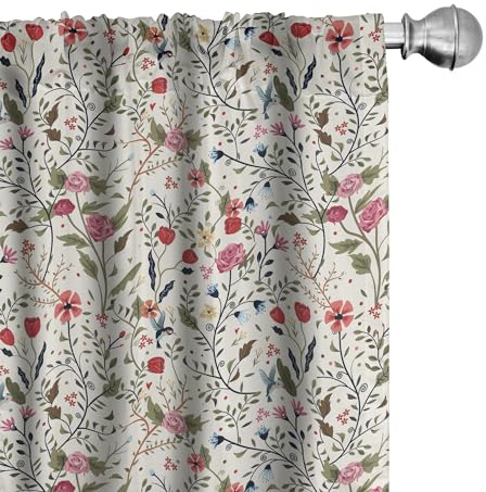 ABAKUHAUS Blumen Vorhänge 2er-Pack, Blumen Collage aus Ritterstern Tulpen Rosen Veilchen Lebhafter Fröhliche Natur Muster, Vorhang für Wohnzimmer Schlafzimmer, 4 Stück 75 cm x 175 cm,Beige Grün