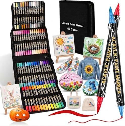 colpart Acrylic Paint Pens Paint Markers,60 Colors Dual Tip Brush Paint &Extra Fine Pens For Rock Painting,Wood,Canvas,Calligraphy,Dot Markers For adults DIY Crafts Art Supplies
