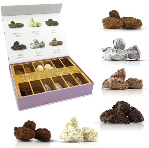 CHAMBALL DELUXE. -12 Trufas de Chocolate con: 2 de Chili, 2 de Pistacho, 2 de Cookies, 2 de Pedro Ximenez, 2 de Whisky y 2 de Champagne Ideal para Regalar- Bombones. Chocolates para regalar.