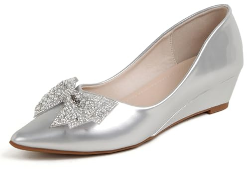 QXCGDYXT Women's Wedge Heels, Pointed Toe Rhinestone Bow Wedding Shoes, Comfortable Low Wedge Dress Shoes for Wedding, Party, Work, Office Silver - 9