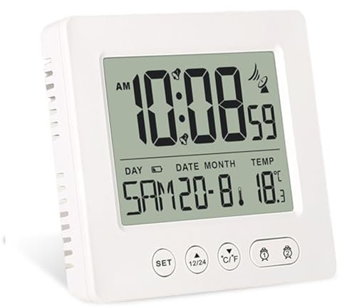GOMETY Digitaler Funkwecker mit Thermometer Kalender Licht, Temperatur Funkuhr Woche Datumsanzeige Zwei Unabhängige Weckzeiten Automatische Einstellung Sommer-/Winterzeit Reisewecker (Weiß)