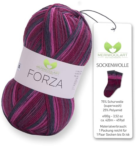 MeriWoolArt® Sockenwolle 4-fädig – 100g Merino Wolle Garn zum Stricken & Häkeln, 75% Schurwolle (superwash), 25% Polyamid, 420m – Ideal für Socken für Herren und Damen, Pullover & Cardigans 2508