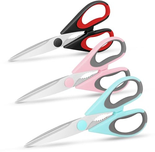 Vutyvve Juego de 3 tijeras de cocina extraíbles, cuchillas de acero inoxidable, mango de agarre suave, juego de tijeras de cocina multiusos, color negro, azul cielo y rosa