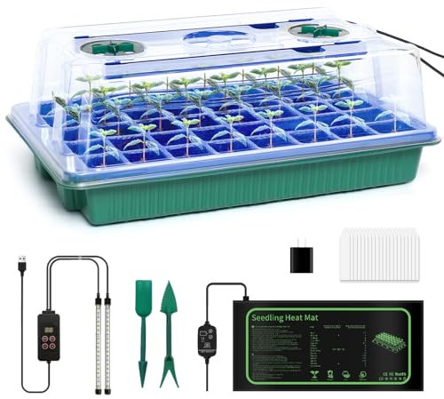 joyhalo 40 Cell Seed Starter Kit with Grow Light and Graphene Heating Mat, Reusable Seed Starter Tray with Higher 4.7”Humidity Domes, Garden Plant Germination Station