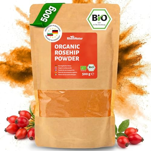 RheinNatur Polvere di rosa canina biologica 500 g – 100% rosa canina macinata – Ricca di vitamine, minerali e antiossidanti – Ideale per frullati, tè, cereali e altro ancora