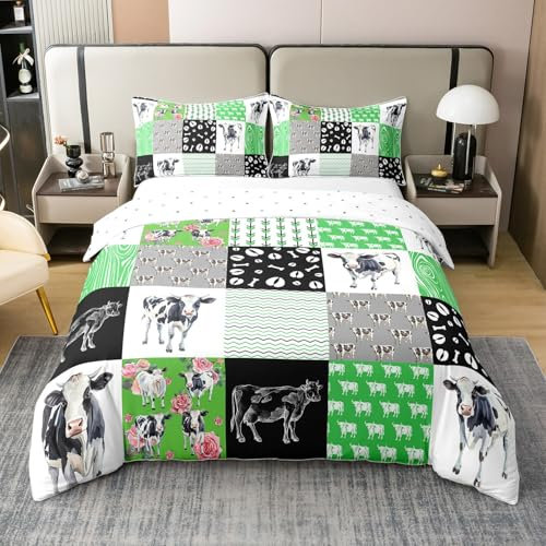 Homewish Funda de edredón reversible de vaca lechera 100 % algodón, diseño de búfalo verde con retazos para niños y adultos, animales de ganado toro, reversible, para cama, flores rústicas