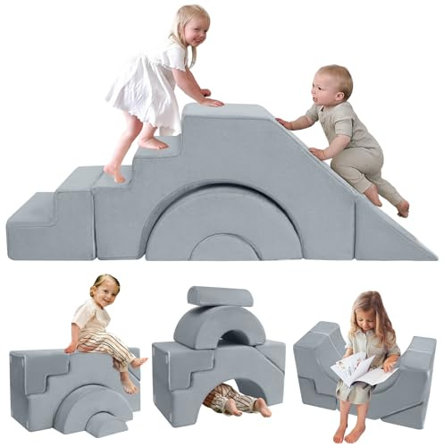 MeMoreCool Kids Play Sofa, Modular Toddler Climbing Couch, Grey