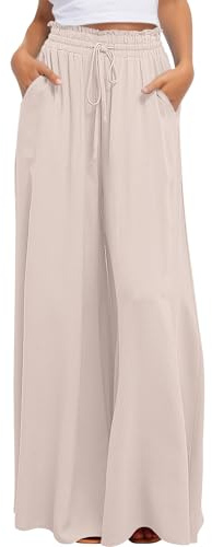 Maeau - Pantalon Femme Palazzo Fluide Jambes Larges Casual Cordon de Serrage Léger Jupe Pantalon Long Ample Salon Plage - Beige - XL