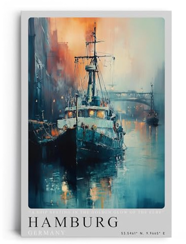 Paul Sinus Leinwandbild 80x120cm Hamburg – Schiff, Hafen, Elbe, Deutschland, Wasser, Sonnenuntergang, Industrie, Seefahrt, Romantik, Atmosphäre