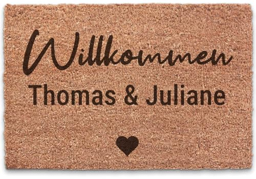 GRAVURZEILE Personalisierte Kokos Fußmatte mit Namen – Willkommensmatte für Haustür – Einweihungsgeschenk, Hochzeitsgeschenk, Geschenk zum Einzug