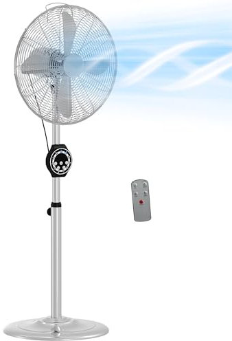 HOMCOM 16 Metal Pedestal Fan, Electric Standing Floor Fan, Oscillating, Adjustable Height, 3 Speed, 7.5H Timer, Remote Control, Sleep Mode, for Home Office Bedroom, Silver Tone