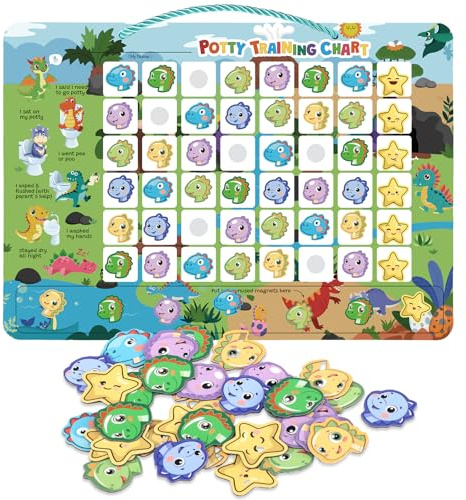 Potty Training Reward Chart, Magnetic Toilet Training Chart with 60 Reusable Magnetic Stickers, Interactive Reward Chart for Toddlers Girls Boys (Dinosaur)