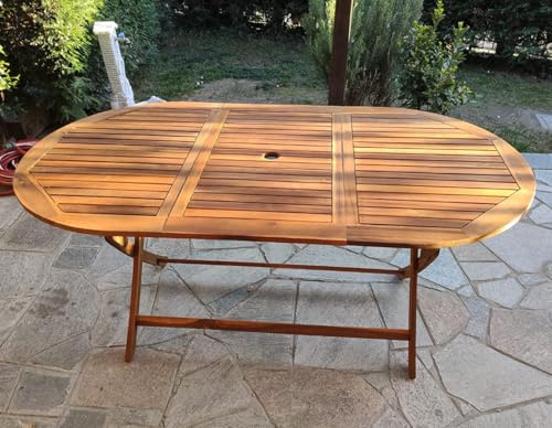 Large Garden Dining Table Solid Wood Folding Rustic Wooden Acacia Backyard 4 Seater Oval Patio BBQ Portable Weatherproof Furniture Deck Umbrella Hole