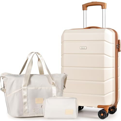 H.yeed Luggage Sets of 3 Piece, Lightweight Trolley Travel Suitcase Set ABS Hard Shell with 4 Spinner Wheels TSA Lock for Man Women, 21 + Duffels Bag & Toiletry Bag, White