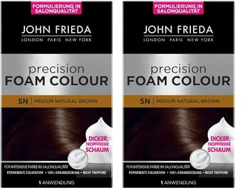 John Frieda Precision Foam Colour - Farbe: 5N Medium Natural Brown - Mittleres Braun - Permanente Coloration in Schaumform - Perfekte, gleichmäßige Abdeckung - Für 1 Anwendung (Packung mit 2)