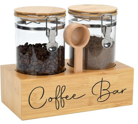 LYHLYA Glass Coffee Canister Set with Bamboo Shelf & Spoon - 2 Airtight Containers (47oz Each) for Coffee Beans, Ground Coffee, Sugar, Flour - Borosilicate Glass & Bamboo Lid with Silicone Seal