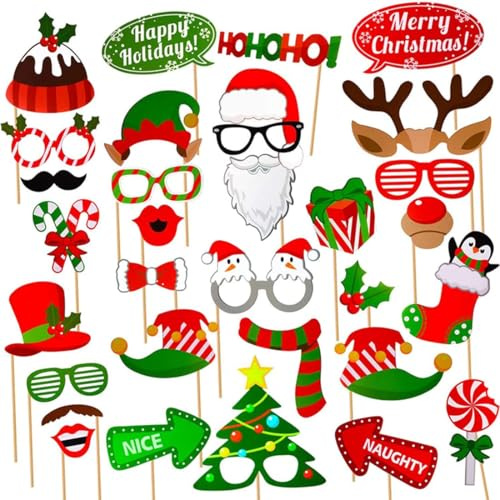 Fotobox Accessoires Set für Weihnachtsfeier - Selbstie-Fotorahmen & Winter Party Deko mit Weihnachtsbrillen & Hüten für Familienspiele & Weihnachtsparty Zubehör(Weihnachten 32Stück)