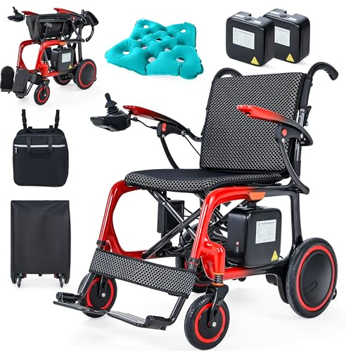 WEYRAL Silla de ruedas eléctrica plegable, solo pesa 13 kg, 2 pilas de 12 Ah, silla de ruedas eléctrica, 45 km de alcance, silla de ruedas de fibra de carbono de alta calidad, con cojín de asiento