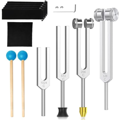 Stimmgabel Set für Heilung(4pcs with 128Hz, 256Hz, 512Hz, 1024Hz),Aluminiumlegierungsmaterial,Stimmgabel Set Enthält 2 Klopfstäbe und Einen Sockel,Geeignet für Klangtherapie, Yoga und Meditation