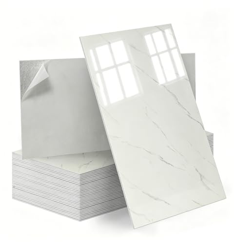Tarwanear Fliesenaufkleber Bad, Klebefliesen Küche Weiß Marmor 30 Stück Selbstklebende Wandfliesen, 60 x 30 cm, PVC, zum Abziehen und Aufkleben, Wasserdicht, für Badezimmer, Backsplash