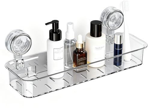 BJHYIZ Shower Caddy Suction, Bathroom Caddy with Hooks Shower Shelf No Drilling Storage Basket with Suction Cups Clear Plastic Wall Mounted Bathroom Rack for Shampoo Razors Soap