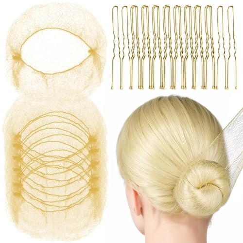 Redecillas Invisibles, 20 Redecilla Moño Niña con 40 piezas Horquillas Pelo,Mallas Elástica,para Hacer Bollo de Pelo, Bailarina de Ballet(Dorado)