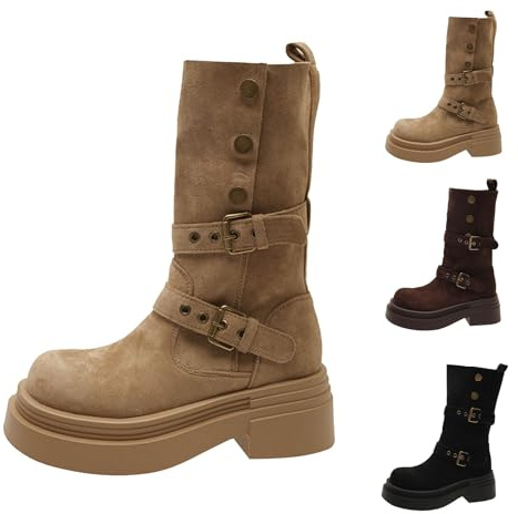 Generiska västerländska cowboystövlar med tjock klack för kvinnor, vidskaft, mocka, halkfri tjock sula, retro med fyrkantig klack, tvåskiktsstövlar, kaki, 37 EU