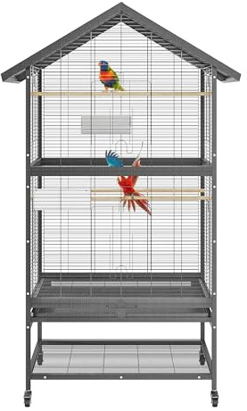 Thaookte Vogelkäfig Groß, Papageienkäfig Mit Sandschublade, Voliere Auf Rollen, Birdcage Mit 3 Sitzstangen, Vogelvoliere Mit Rollen, 80 x 60 x 167 cm, Nymphensittich Käfig, Vogelkäfig Wellensittich