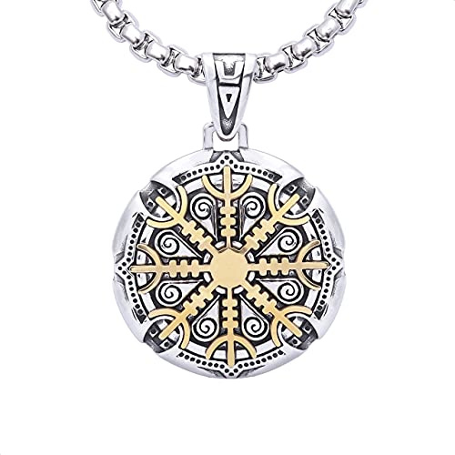 Hanary Viking Helm of Awe Necklace - Stainless Steel, Aegishjalmr Medallion Pendant - Box Chain