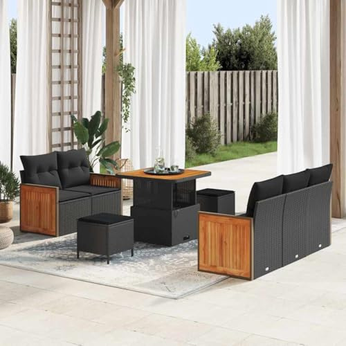 Tonture Garten-Sofa-Set mit Kissen, 8-teilig, Schwarz, Poly-Rattan & Stahl, modulares Loungeset für Terrasse, Balkon, Außenbereich, UV-beständig, Verstellbarer Tisch